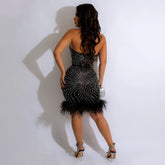 Sexy Halter Backless Rhinestone Dress Feather Party Christmas Women